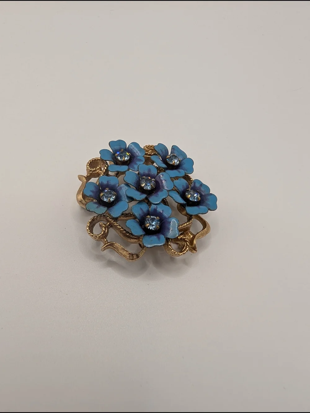 Avon Blue Enamel Floral Brooch with Gold Tone Accents